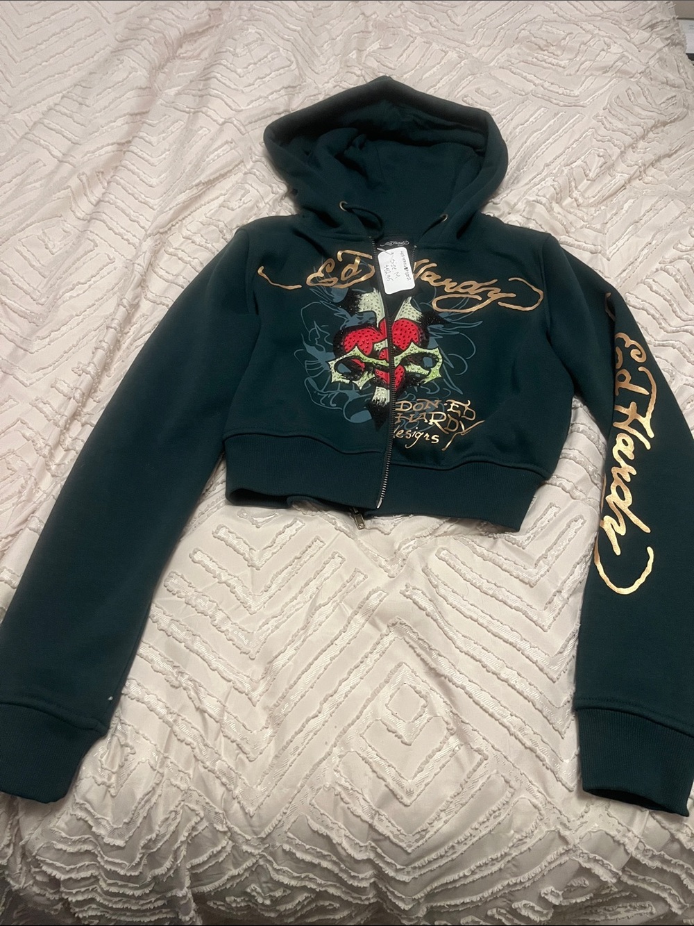 Ed Hardy Teal Cropped Zip Hoodie with Gold Script and Red Graphic